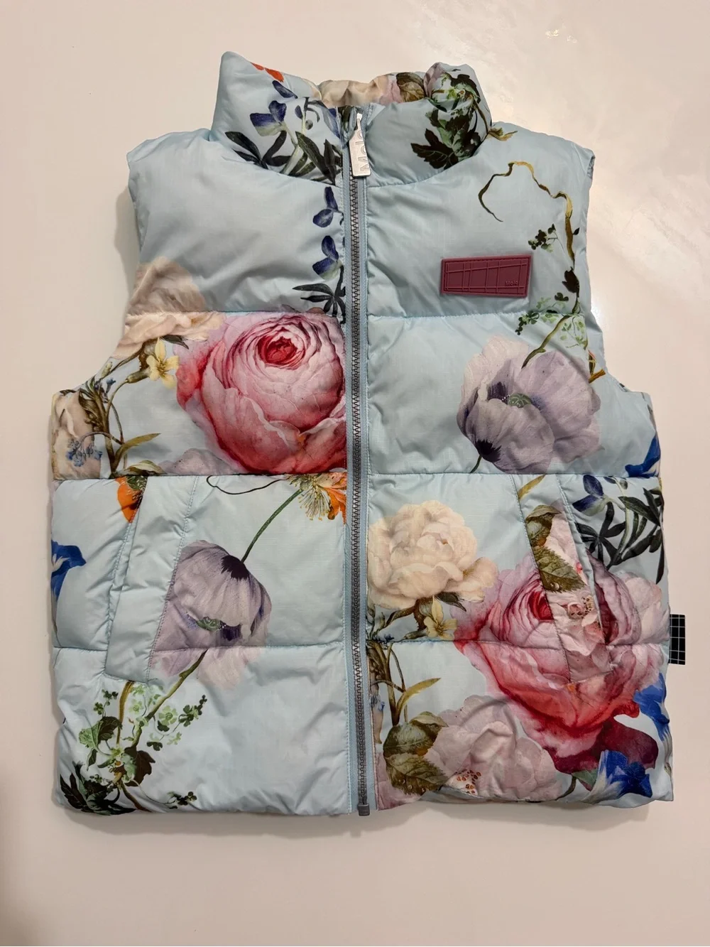 Molo Kids Helke Floral Puffer Vest Blue Size 128 Lightweight Recycled Fill GUC